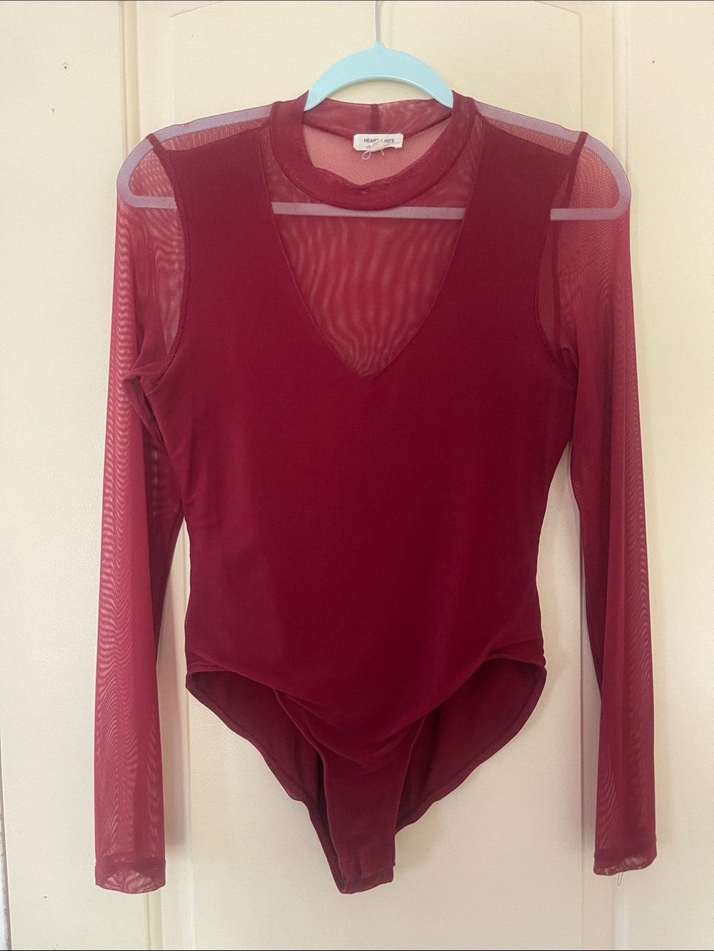 Heart Hips Burgundy Sheer-Panel Long Sleeve Bodysuit